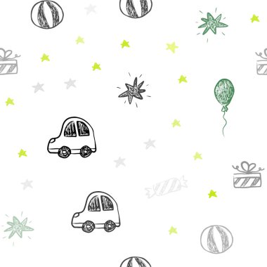Işık yeşil vektör sorunsuz arka plan xmas tarzı. Bir oyuncak araba, balon, şeker, yıldız, top ile illüstrasyon parlayan. Tasarım renkli reklam için.