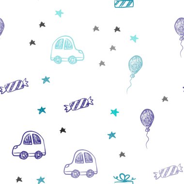 Açık mavi, vektör sorunsuz şablon karnaval tarzı yeşil. İllüstrasyon renkli oyuncak araba, balon, şeker, yıldız, top ile. Şablon için yeni yıl kartpostalları.