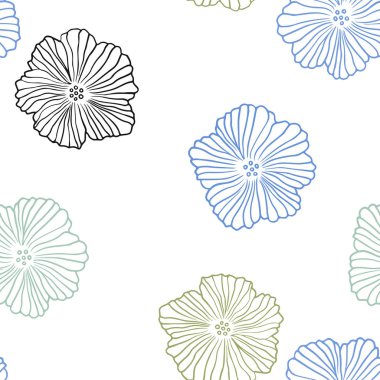 Açık mavi, vektör sorunsuz doodle deseni çiçekli yeşil. Beyaz arka plan üzerinde kabataslak doodle çiçekler. Tekstil, kumaş, duvar kağıtları için tasarım.