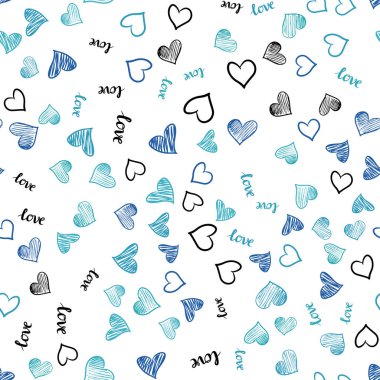 Hafif mavi vektör ifade Love You, kalpleri ile seamless modeli. Metin Love You, kalpleri ile doodle tarzında dizayn. Doku pencere Panjur, perdeler için.