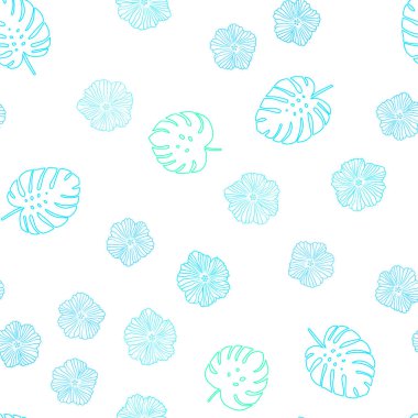 Açık mavi, yeşil vektör sorunsuz arka plan çiçeklerle bırakır. Soyut illüstrasyon yaprakları, çiçekleri karalamalar tarzı ile. Desen tasarım kumaş, duvar kağıtları.