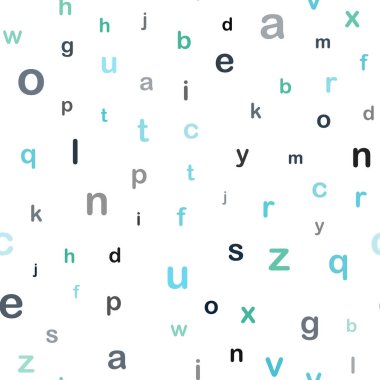 Açık mavi, vektör sorunsuz zemin İngilizce sembolleri ile yeşil. Bulanık tasarım alfabe belirtileri ile basit tarzı. Doku pencere Panjur, perdeler için.