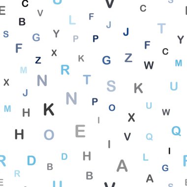 İngilizce sembollü koyu mavi renk vektör arkaplan. Bulanık tasarım alfabe işaretleriyle basit bir şekilde. Pencere perdeleri, perdeler için doku.