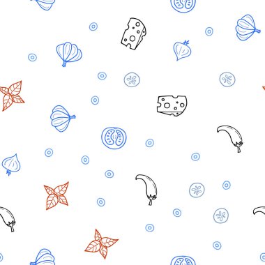 Açık mavi, kırmızı vektör seamless modeli taze malzemelerle. Dekoratif illüstrasyon gıda ile soyut şablonunda parlayan. Desen menüsü kafeteryalar, barlar, restoranlar için.