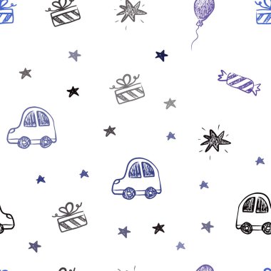 Koyu mavi vektör sorunsuz doku doğum günü tarzı. İllüstrasyon renkli oyuncak araba, balon, şeker, yıldız, top ile. Tatil reklamlar için tasarım.