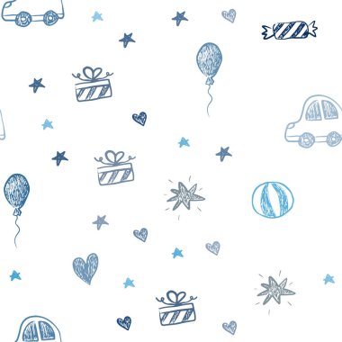 Koyu mavi sorunsuz doku doğum günü hediyeleri ile vektör. Renkli resimde bir oyuncak araba, kalp, balon, Lale, şeker, top ile. Doğum günü hediyeleri için desen.