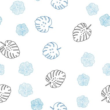 Çiçekler, yapraklar ile koyu mavi vektör sorunsuz doodle arka plan. Yaprakları doodle tarzı ile renkli soyut resimde. Tekstil, kumaş, duvar kağıtları için tasarım.