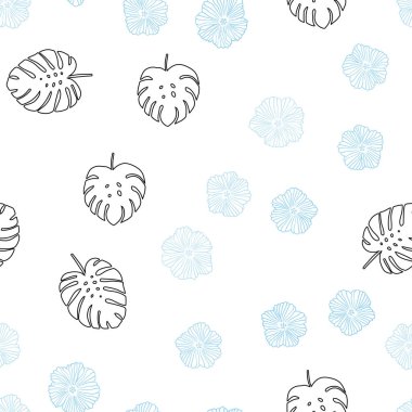 Hafif mavi vektör sorunsuz doodle deseni çiçekli, yaprakları. Parlayan resimde yaprak ve çiçek ile renkli. Tasarım için duvar kağıdı, kumaş üreticileri.