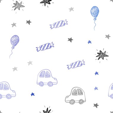 Pembe ışık, karnaval stil vektör sorunsuz şablonunda mavi. Resimde bir degrade oyuncak araba, balon, şeker, yıldız, top ile. Tatil reklamlar için tasarım.