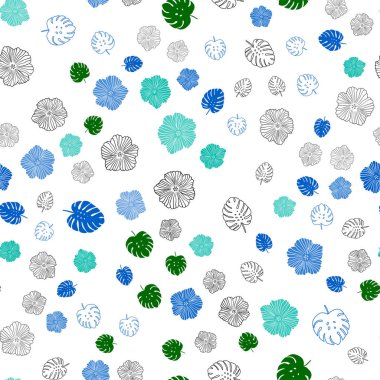 Açık mavi, yeşil vektör sorunsuz zarif duvar kağıdı yapraklar, çiçekler. Yaprakları doodle tarzı ile renkli soyut resimde. Tasarım için duvar kağıdı, kumaş üreticileri.