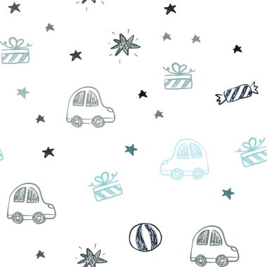 Açık mavi, vektör yeni yıl stil sorunsuz düzeninde yeşil. Soyut illüstrasyon bir oyuncak araba, balon, şeker, yıldız, top ile. Şablon için yeni yıl Kartpostalları.