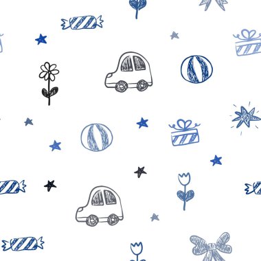 Koyu mavi sorunsuz doku doğum günü hediyeleri ile vektör. Bir oyuncak araba, kalp, balon, Lale, şeker, top ile xmas tarzında dizayn. Şablon için yeni yıl Kartpostalları.