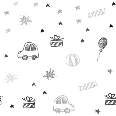 Işık gri vektör sorunsuz arka plan xmas tarzı. Renkli resimde bir oyuncak araba, balon, şeker, yıldız, top ile. Şablon için yeni yıl Kartpostalları.