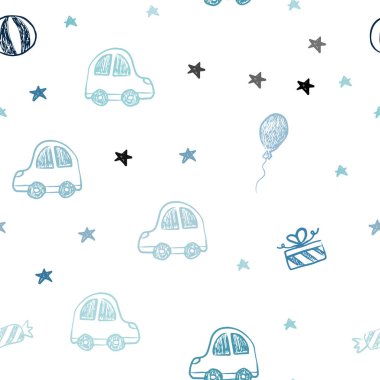 Hafif mavi vektör sorunsuz doku doğum günü tarzı. Bir oyuncak araba, balon, şeker, yıldız, top ile xmas tarzında dizayn. Karnaval, festival reklamlar için desen.