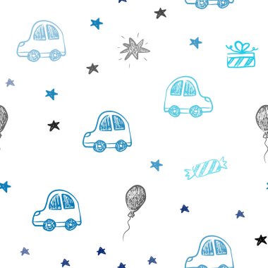 Hafif mavi vektör sorunsuz doku doğum günü tarzı. Resimde bir degrade oyuncak araba, balon, şeker, yıldız, top ile. Doğum günü hediyeleri için desen.