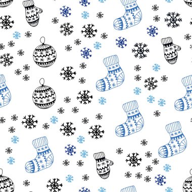 Koyu mavi vektör xmas kar taneleri, toplar, çorap, eldiven ile sorunsuz arka plan. Renkli resimde xmas sembolleri ile. Doku pencere Panjur, perdeler için.