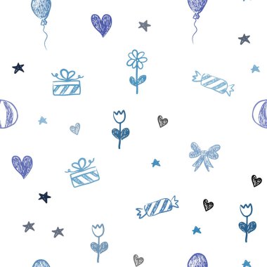 Koyu pembe, mavi karnaval tarzı sorunsuz şablon vektör. Bir gradientheart, balon, şeker, Hediyelik, yıldız, illüstrasyon şeridi. Doğum günü hediyeleri için desen.