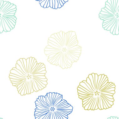 Açık mavi, sarı vektörlü, çiçekli, kusursuz doğal zemin. Parlak renkli resimli çiçekler. Moda kumaş ve duvar kağıtları için desen.