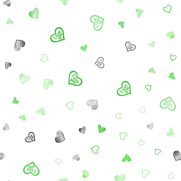 浅绿色矢量无缝模板与涂鸦心 以浪漫的风格用五颜六色的心的抽象插图 狂欢节模式 节日浪漫传单 — 图库矢量图片
