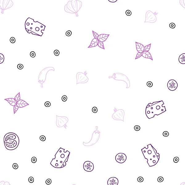 Hafif pembe vektör taze malzemelerle seamless modeli. Resimde dizi doodle tarzı taze yiyecek. Mutfakta yemek yemek için şablon.