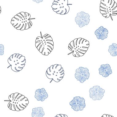 Hafif mavi vektör sorunsuz doğal zemin çiçekler, yapraklar ile. Renkli resimde doodle tarzı yaprakları, çiçekleri ile. Doku pencere Panjur, perdeler için.