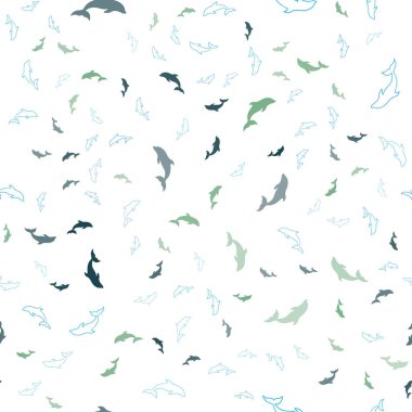 Açık mavi, kırmızı vektör deniz yunuslar ile seamless modeli. Deniz yunuslar ile doğal tarzı dekoratif tasarım. Desen yabani hayvanlar ve bitkiler reklam, kitapçıklar için.