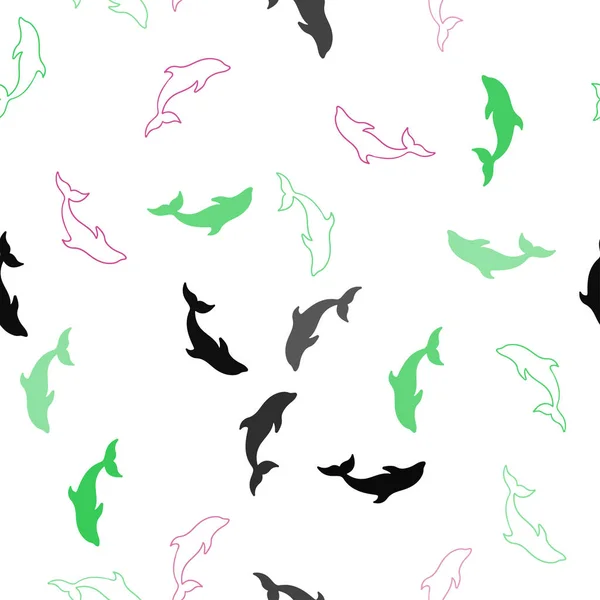 Rosa chiaro, modello senza cuciture vettore verde con delfini marini . — Vettoriale Stock