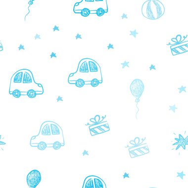 Doğum günü tarzında açık mavi vektör Dikişsiz doku. Bir oyuncak araba, Balun, şeker, yıldız, top ile Xmas tarzında tasarım. Doğum günü hediyeleri için desen.