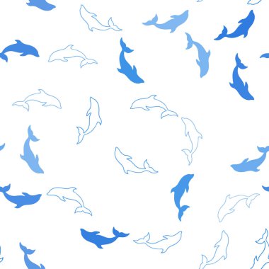 Açık mavi vektör Dikişsiz yunuslarla şablon. Deniz yunusları ile doğal tarzda dekoratif tasarım. Hayvanların Web siteleri için desen.