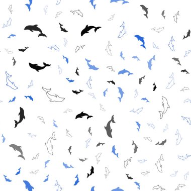 Yunuslarla açık mavi ışık vektörlü arka plan. Deniz yunuslarıyla doğal olarak dekoratif tasarım. Doğal dergiler için şablon.