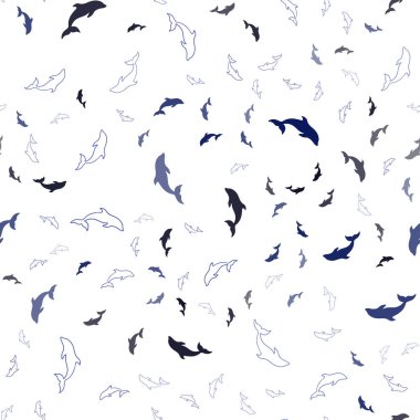 Koyu mavi yunuslarla kusursuz bir arka plan. Deniz yunuslarının doğal çizimi. Vahşi yaşam ilanları, kitapçıklar için şablon.