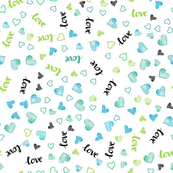 ライトブルー 緑のベクトルシームレスなテクスチャ言葉で あなたを愛して フレーズを持つイラストは バレンタインデーのための心 あなたを愛しています 窓のブラインド カーテンのためのテクスチャ — ストックベクタ