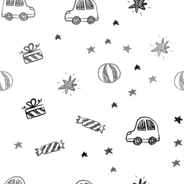 Koyu mavi vektör sorunsuz doku Doğum günü tarzı. Bir oyuncak araba, balon, şeker, yıldız, top ile illüstrasyon parlayan. Yeni yıl reklamlar için desen.