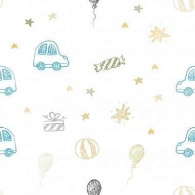 Yeni yıl tarzında açık yeşil, sarı vektör Dikişsiz düzeni. Oyuncak araba, Balun, şeker, yıldız, top ile renkli Illustration. Karnaval için desen, Festival reklamları.