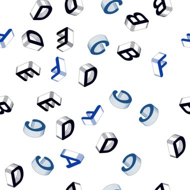 Alfabe 3D belirtileri ile açık mavi vektör Dikişsiz arka plan. Beyaz arka planda degrade ile renkli 3D alfabe işaretleri. Kumaş, duvar kağıtları tasarımı için desen.