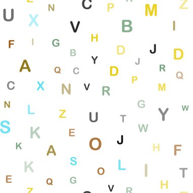 Açık mavi, alfabe belirtileri ile sarı vektör kesintisiz arka plan. İzole harflerle renkli Illustration Shining. Moda kumaş, duvar kağıtları için desen.