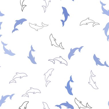 Deniz yunuslarıyla açık mavi renk vektör deseni. Beyaz arka planda izole edilmiş deniz yunusları. Duvar kağıtları için doğal tasarım.