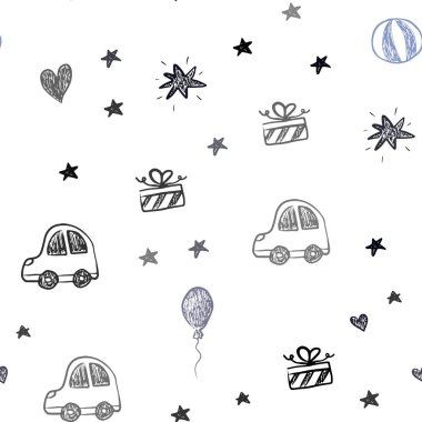 Christmas nitelikleri ile koyu mavi vektör Dikişsiz arka plan. Degrade oyuncak araba, kalp, Balun, lale, şeker, top ile Illustration. Karnaval için desen, Festival reklamları.