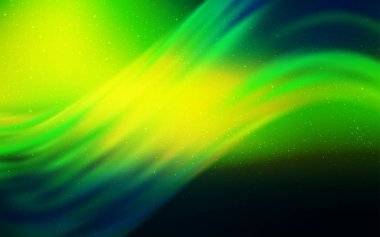 Koyu yeşil, gece gökyüzü yıldızları ile sarı vektör deseni. Galaksi yıldızları ile basit tarzda bulanık dekoratif tasarım. İş reklamınız için akıllı tasarım.