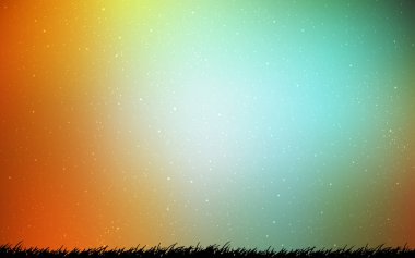 Açık yeşil, kozmik yıldızlar ile sarı vektör düzeni. Degrade ile bulanık soyut arka planda uzay yıldızları. İş reklamınız için akıllı tasarım.