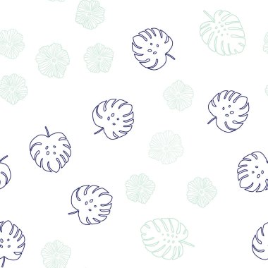 Açık mavi, çiçekler, yaprakları ile yeşil vektör Dikişsiz Doodle desen. Yaprakları ve çiçekler ile modern soyut illüstrasyon. Tekstil, kumaş, duvar kağıtları için tasarım.