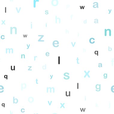 Açık mavi, yeşil vektörsüz arka plan ve alfabe işaretleri. Bulanık tasarım alfabe işaretleriyle basit bir şekilde. Kumaş ve duvar kağıtlarının dizaynı için desen.