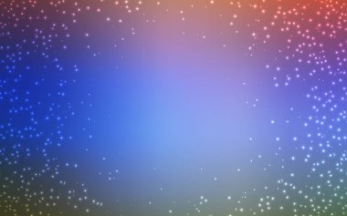 Açık mavi, gece gökyüzü yıldızlı kırmızı vektör deseni. Bulanık arkaplandaki ve gradyanı olan uzay yıldızları. Reklamınız, posteriniz, afişiniz için en iyi tasarım.