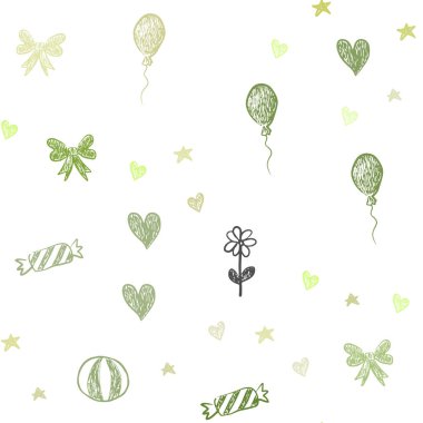 Açık yeşil, Noel tarzında sarı vektör Dikişsiz arka plan. Aheart, Balun, şeker, hediye, yıldız, şerit ile Shining Illustration. Yeni yıl kartpostallar için şablon.