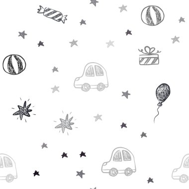 Xmas tarzında koyu pembe vektör Dikişsiz arka plan. Oyuncak araba, Balun, şeker, yıldız, top ile Shining Illustration. Tatil reklamları için tasarım.