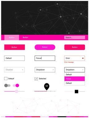 Çevrelerle Çokgen tarzında açık pembe vektör web ui kiti. Soyut üçgenler ile Web UI kiti, üstbilgisinde daireler. Web siteleri için basit renkli tasarım.