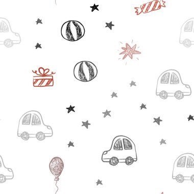 Noel tarzında koyu kırmızı vektör Dikişsiz desen. Oyuncak araba, Balun, şeker, yıldız, top ile soyut Illustration. Karnaval için desen, Festival reklamları.