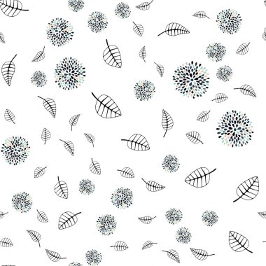 Koyu Mavi, kırmızı vektör dikişsiz karalama deseni yaprakları, çiçekleri ile. Yaprakları, çiçekleri ile parlayan renkli illüstrasyon. Kumaş tasarımı için desen, duvar kağıtları.