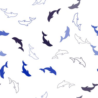Koyu Mavi, Yunuslar ile Yeşil vektör dikişsiz doku. Beyaz arka planda izole edilmiş deniz yunusları. Deniz broşürleri için desen.