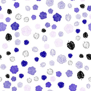 Açık Pembe, Mavi vektör dikişsiz doodle desen yaprakları, çiçekler.